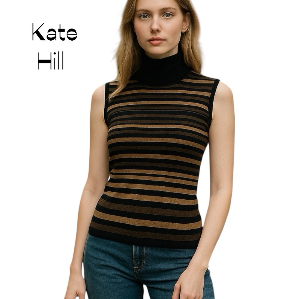 Kate Hill Black Brown Stripe Sleeveless Top NWOT Size M